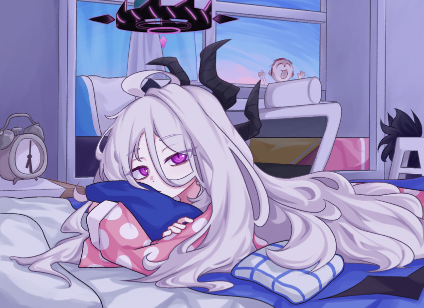 1boy 1girl ahoge alarm_clock black_horns blue_archive clock demon_horns doodle_sensei_(blue_archive) grey_hair halo hina_(blue_archive) hina_(pajamas)_(blue_archive) horns indoors long_hair looking_at_viewer lying multiple_horns official_alternate_costume on_stomach pajamas pankobreaddumbs pink_pajamas polka_dot purple_eyes sensei_(blue_archive) solo_focus window
