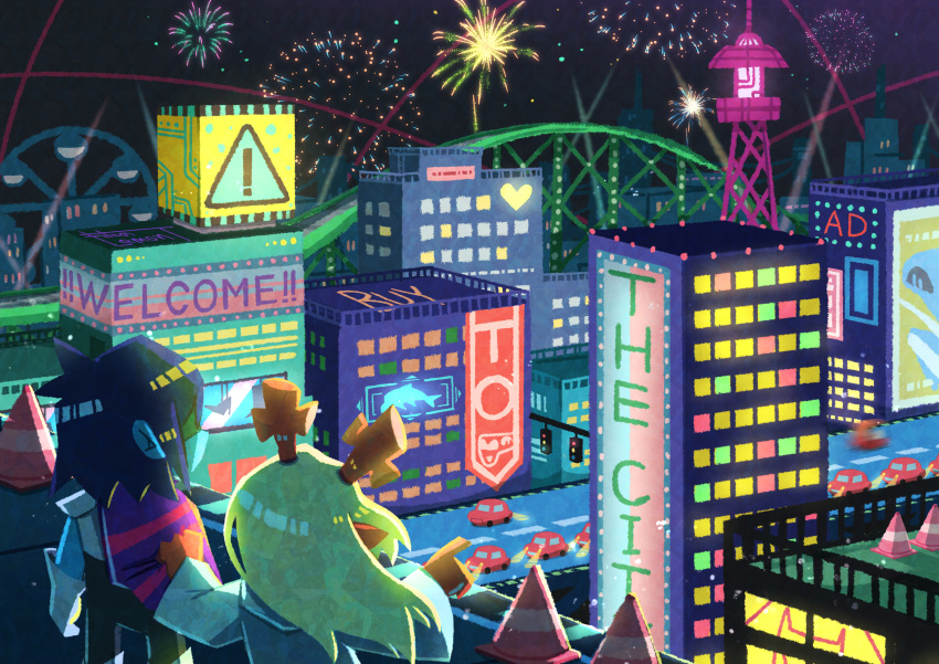 1girl 1other absurdres ad aerial_fireworks animal_ears antlers billboard black_sky blonde_hair blue_hair blue_skin bridge building cape car city city_lights cityscape clothes_grab colored_skin commentary_request deer_ears deltarune facing_away ferris_wheel fireworks from_above highres horns kris_(deltarune) long_hair motor_vehicle night noelle_holiday on_rooftop outdoors pointing purple_cape railing road scenery shaded_face short_hair sky standing street traffic_cone traffic_light upper_body watawata22