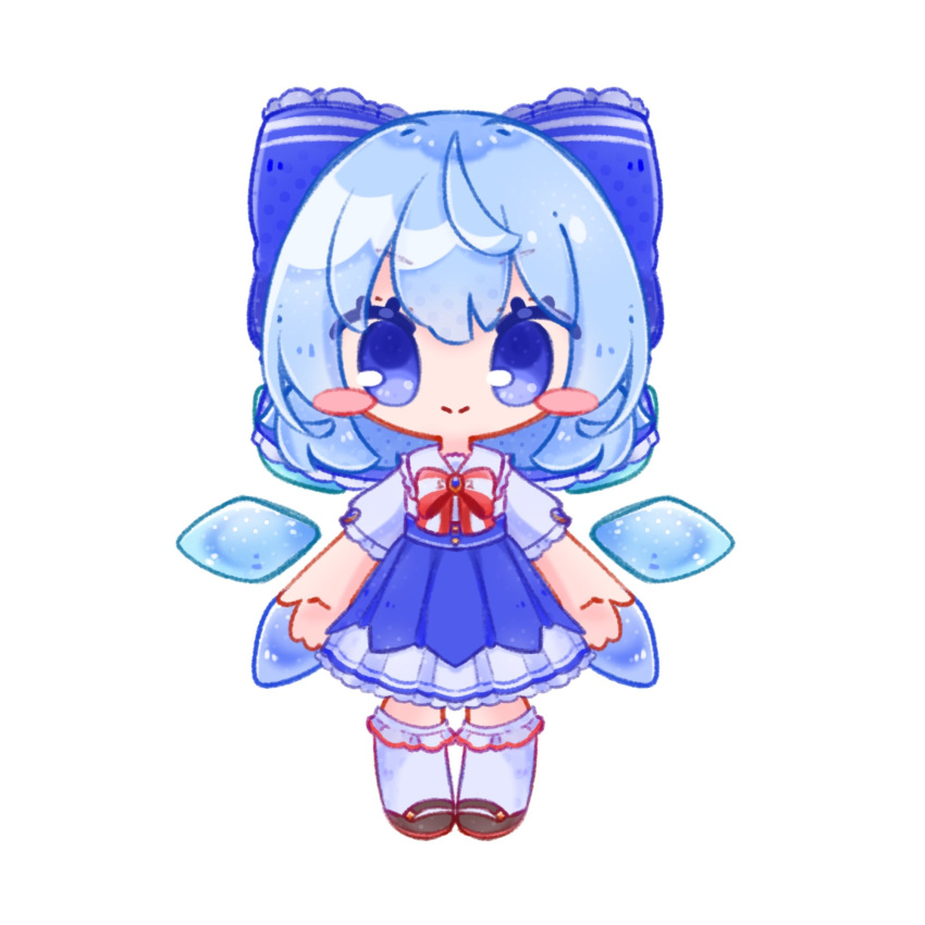 1girl blue_bow blue_dress blue_hair blush_stickers bow bowtie brown_footwear chibi cirno detached_wings dress fairy fairy_wings frilled_bow frills hair_between_eyes hair_bow highres ice ice_wings inukkomaru looking_at_viewer pinafore_dress red_bow red_bowtie short_hair sidelocks simple_background sleeveless sleeveless_dress smile socks solo standing striped_bow striped_bowtie striped_clothes touhou white_background white_sleeves white_socks wings