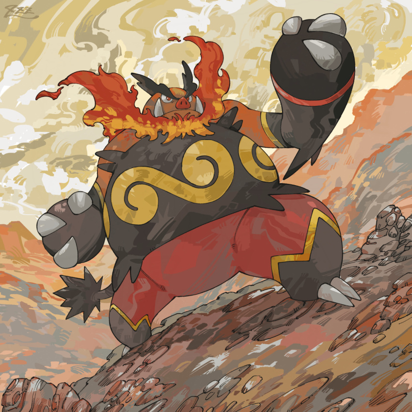 claws commentary_request day emboar fire frown highres legs_apart outdoors oyasuminjyutsu pokemon pokemon_(creature) red_eyes signature solo standing tusks