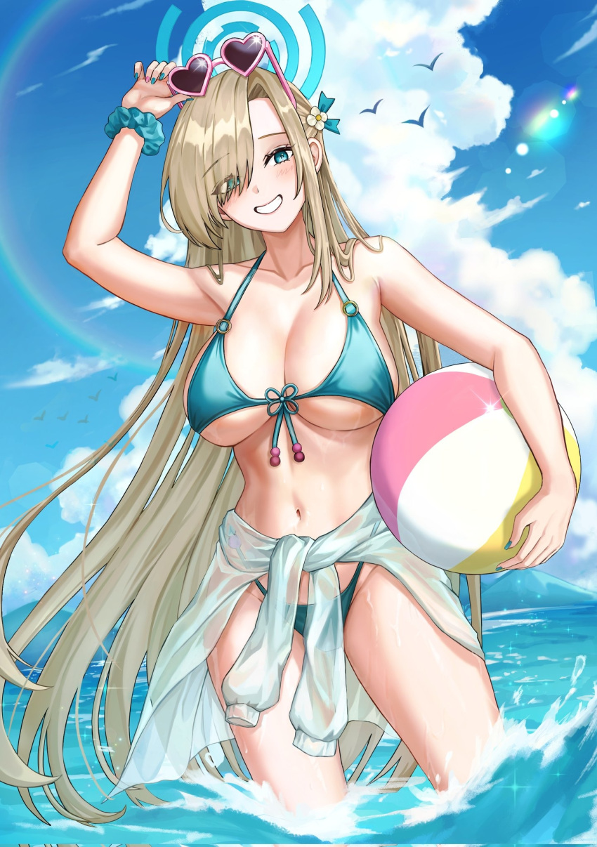 1girl aqua_bikini aqua_scrunchie asuna_(blue_archive) ball bare_arms bare_legs bare_shoulders beachball bikini blue_archive blue_eyes blue_halo blush breasts clothes_around_waist collarbone cowboy_shot day grin groin halo heart heart-shaped_eyewear highres holding holding_ball holding_beachball jacket jacket_around_waist kama_(kama_ovo) large_breasts light_brown_hair long_hair looking_at_viewer navel ocean outdoors scrunchie smile solo sunglasses swimsuit wrist_scrunchie