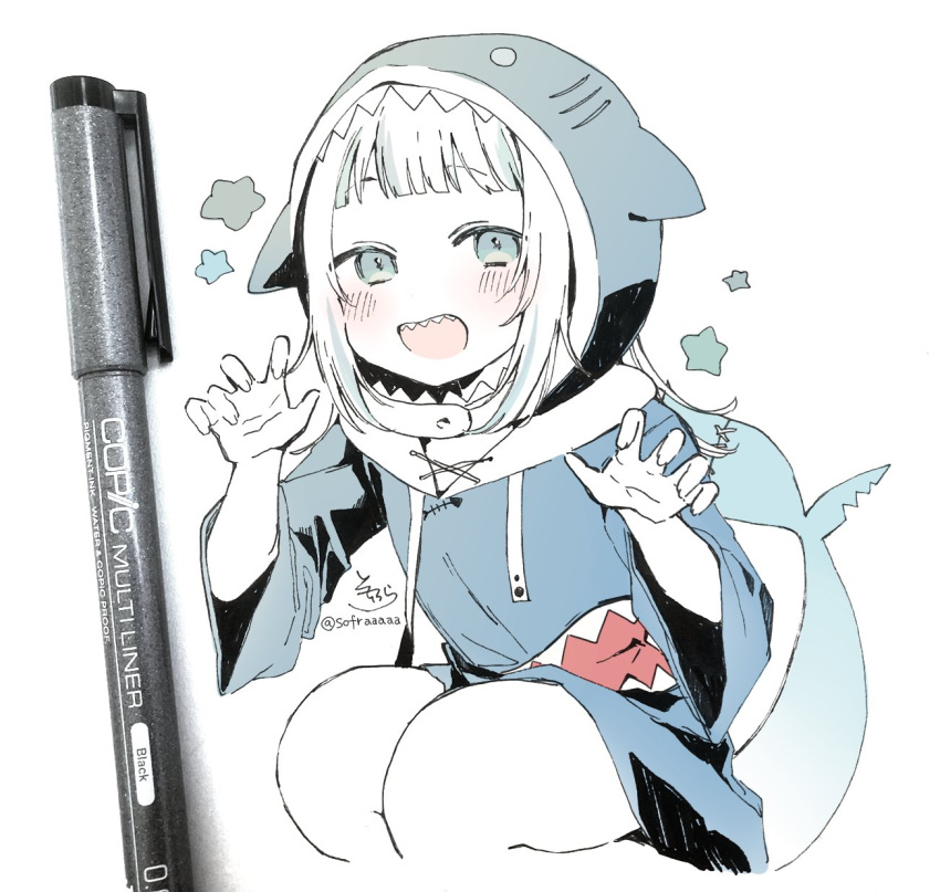 1girl :d blue_eyes blue_hair blue_hoodie blush claw_pose commentary drawstring feet_out_of_frame fins fish_tail gawr_gura hands_up highres hololive hololive_english hood hood_up hoodie long_sleeves multicolored_hair photo_(medium) shark_tail sharp_teeth signature simple_background smile sofra solo squatting star_(symbol) streaked_hair tail teeth traditional_media twitter_username virtual_youtuber white_background wide_sleeves