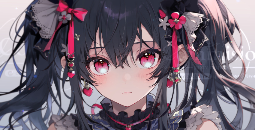 1girl absurdres black_hair blush clip_studio_paint_(medium) commission earrings eyelashes grey_background hair_between_eyes hair_ornament hair_ribbon highres jewelry light_frown long_hair looking_at_viewer original pixiv_commission portrait red_eyes ribbon sidelocks solo twintails watermark yukiko_(tesseract)