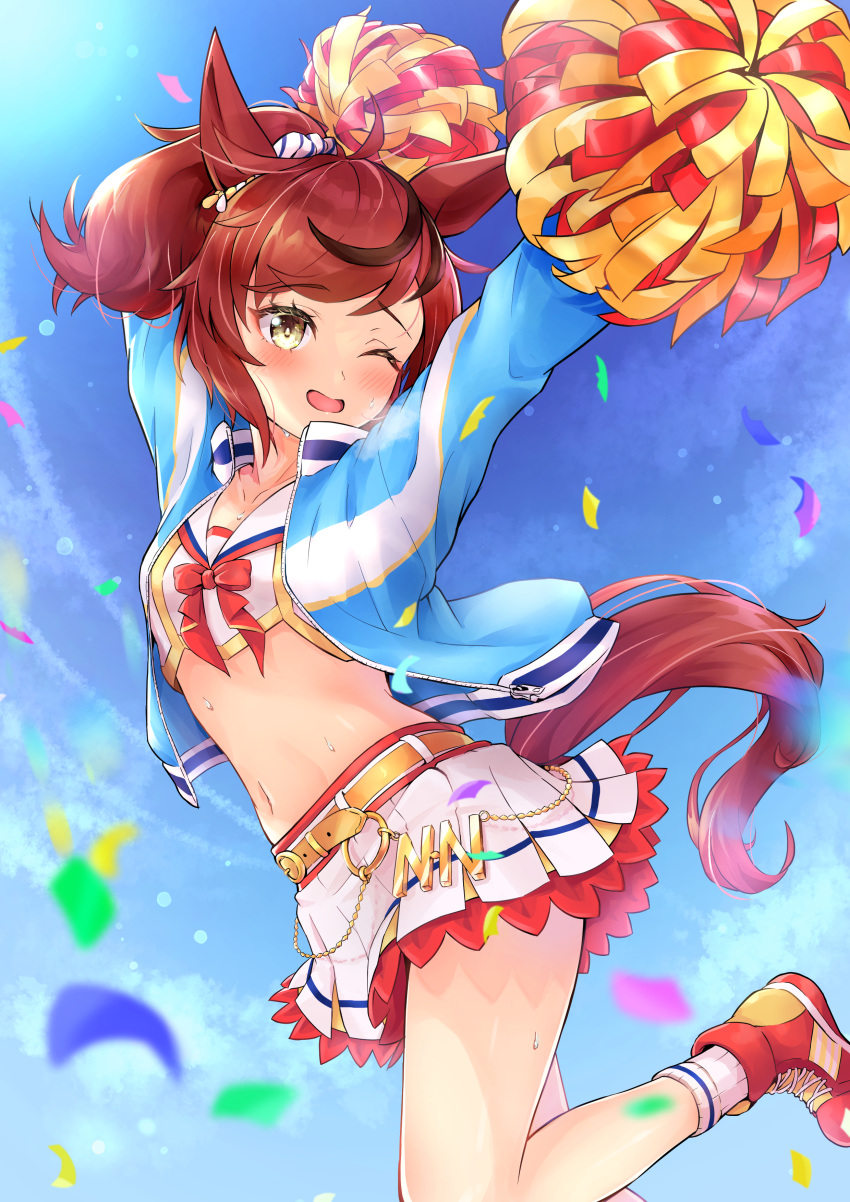 1girl absurdres animal_ears arms_up belt blue_jacket blush breasts commentary_request confetti cropped_jacket foot_out_of_frame high_tops highres holding holding_pom_poms horse_ears horse_girl horse_tail jacket layered_skirt looking_at_viewer medium_hair midriff miniskirt multicolored_hair navel nice_nature_(run&amp;win)_(umamusume) nice_nature_(umamusume) one_eye_closed open_clothes open_jacket open_mouth outstretched_arms peteron pom_pom_(cheerleading) ponytail sailor_collar shirt shoes skirt small_breasts sneakers socks solo streaked_hair sweat tail umamusume white_shirt white_skirt yellow_eyes