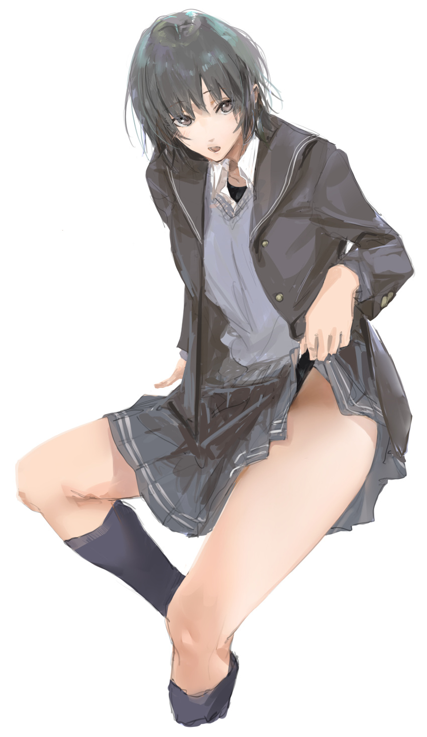 1girl absurdres amagami black_eyes black_hair black_jacket black_sailor_collar black_socks blazer blue_sweater blush clothes_lift collared_shirt feet_out_of_frame flashing grey_skirt highres invisible_chair jacket kibito_high_school_uniform kneehighs long_sleeves looking_at_viewer nanasaki_ai one-piece_swimsuit open_mouth pleated_skirt sailor_collar school_uniform shirt short_hair simple_background sitting skirt skirt_lift socks solo sweater swimsuit swimsuit_under_clothes takashi_(cry_191) thighs white_background white_shirt