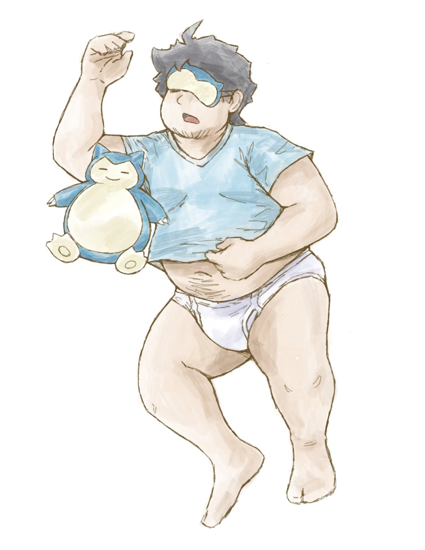 1boy bara belly briefs bulge character_doll facial_hair fat fat_man full_body goatee_stubble grey_hair highres male_focus male_underwear midriff_peek navel_hair neroli_(pokemon) no_pants plump pokemon pokemon_sleep professor_fluff short_hair sleep_mask sleeping snorlax solo stubble underwear white_male_underwear