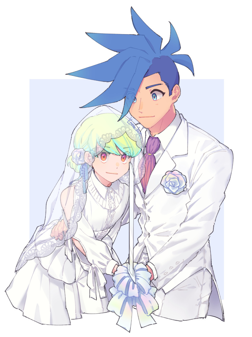 2boys androgynous artist_name bare_shoulders blue_eyes blue_hair blush bridal_veil bride brooch collared_shirt commentary cropped_legs crossdressing dress eyes_visible_through_hair flower flower_brooch galo_thymos green_hair groom hair_flower hair_ornament hand_on_another's_waist highres holding holding_sword holding_weapon implied_yaoi jewelry kome_1022 light_smile lio_fotia long_sleeves looking_at_viewer looking_down male_focus mohawk multicolored_eyes multiple_boys orange_eyes otoko_no_ko pink_eyes promare puffy_sleeves shirt short_hair simple_background smile spiked_hair suit sword veil weapon white_background white_dress white_suit