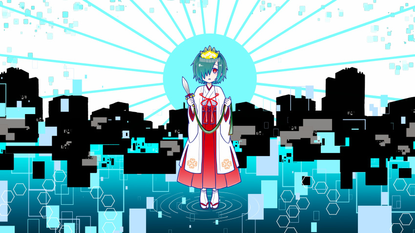 1girl bright_pupils flower full_body glitch green_hair hair_flower hair_ornament hair_over_one_eye hakama hakama_skirt highres holding holding_knife japanese_clothes kimono knife kurage_nanami lala_(watashi_no_koko) lalavoice light_blush long_sleeves looking_at_viewer miko official_art open_mouth puddle red_eyes red_hakama sandals short_hair skirt skyline solo standing standing_on_liquid sun triangle_mouth watashi_no_koko water white_background white_kimono white_pupils wide_sleeves yellow_flower
