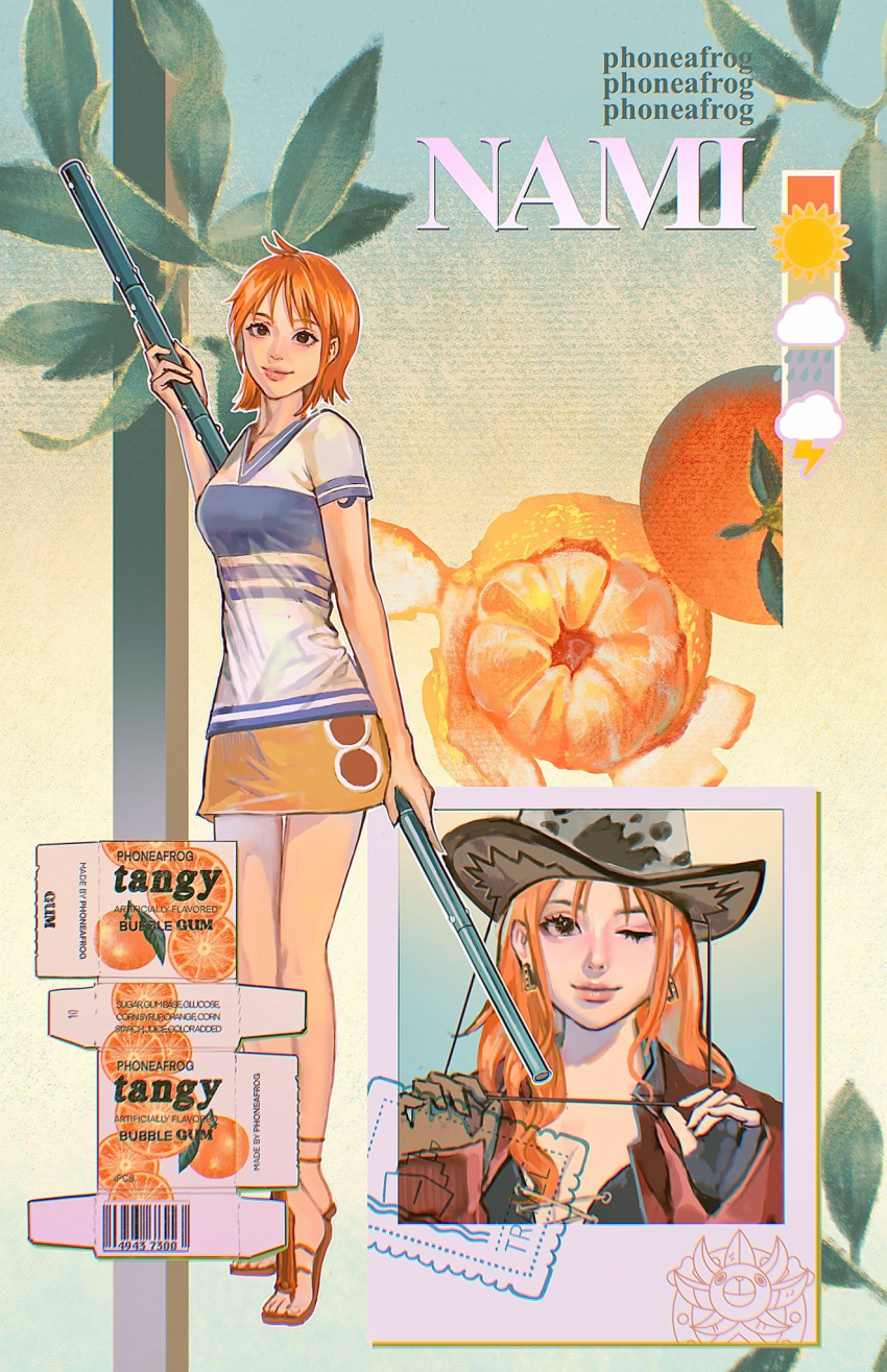 2girls arm_tattoo artist_name brand_name_imitation character_name commentary cowboy_hat earrings english_commentary english_text food fruit full_body hat highres holding holding_polearm holding_weapon jewelry long_hair mandarin_orange multiple_girls nami_(one_piece) one_eye_closed one_piece phoneafrog photo_(object) polearm shirt short_hair short_sleeves smile standing tattoo weapon