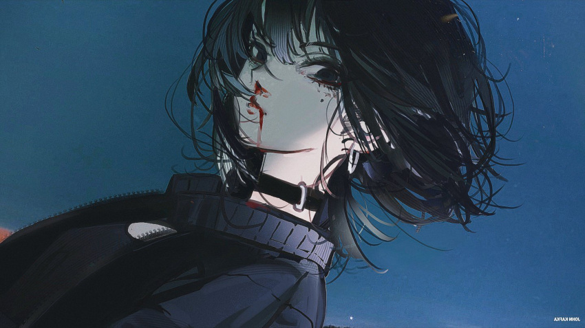 1girl black_choker black_eyes black_hair blood blue_background choker commentary earrings english_commentary floating_hair jewelry john_kafka looking_at_viewer medium_hair mole mole_under_eye nosebleed original solo upper_body zipper