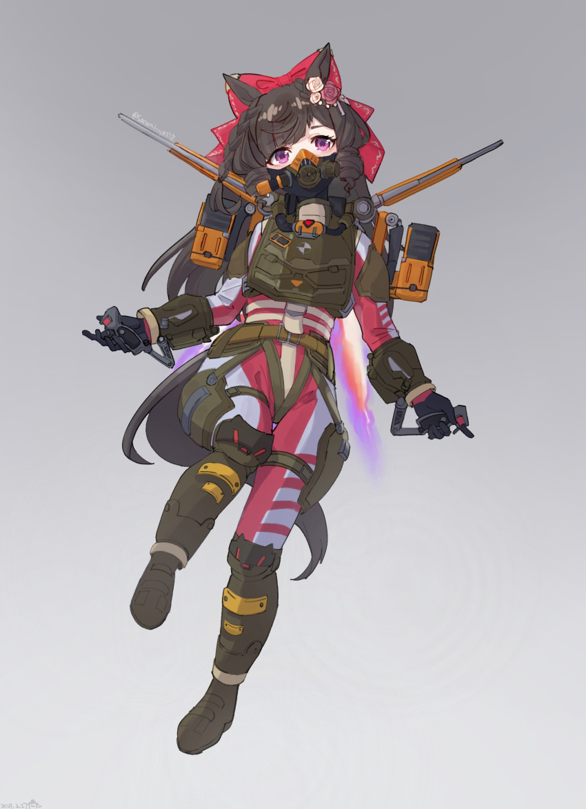 1girl absurdres alternate_costume animal_ears apex_legends armor black_hair boots bow commentary_request cosplay daiichi_ruby_(umamusume) flower full_body gloves grey_hair hair_bow hair_flower hair_ornament highres horse_ears horse_girl horse_tail jetpack looking_at_viewer mask purple_eyes saramiao-chan simple_background solo tail umamusume valkyrie_(apex_legends)