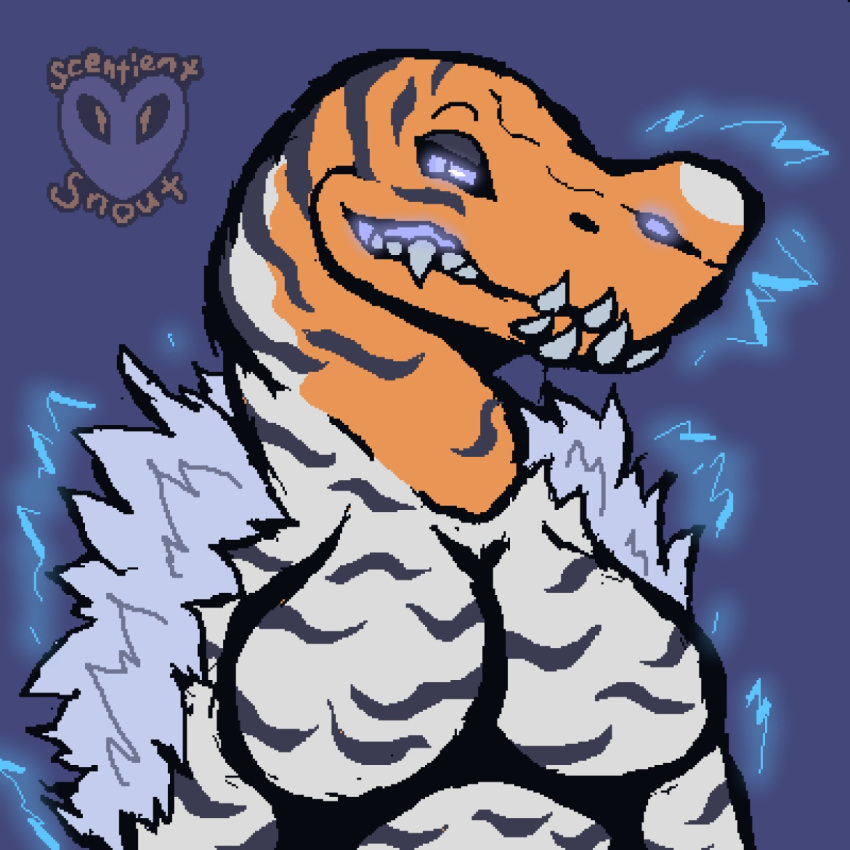 1:1 anjanath anthro arm_tuft big_breasts breasts brute_wyvern capcom emoneybromine featureless_breasts female fulgur_anjanath fur grey_body grey_fur grey_scales grey_stripes hi_res looking_at_viewer monster_hunter orange_body orange_scales pupils purple_background purple_eyes scales sharp_teeth shoulder_tuft simple_background slit_pupils solo stripes teeth tuft white_body white_scales