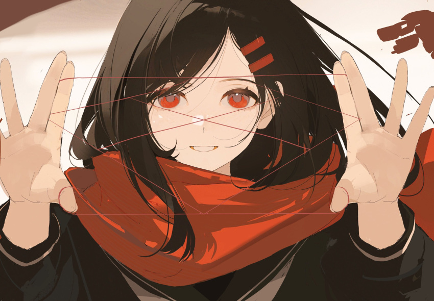 1girl :d black_hair black_sailor_collar black_shirt cat's_cradle chongzhen_085 grin hair_ornament hairpin hands_up highres kagerou_project long_hair long_sleeves neckerchief open_hands open_mouth parted_bangs portrait red_eyes red_scarf sailor_collar scarf school_uniform shirt smile solo straight-on straight_hair tateyama_ayano teeth white_neckerchief