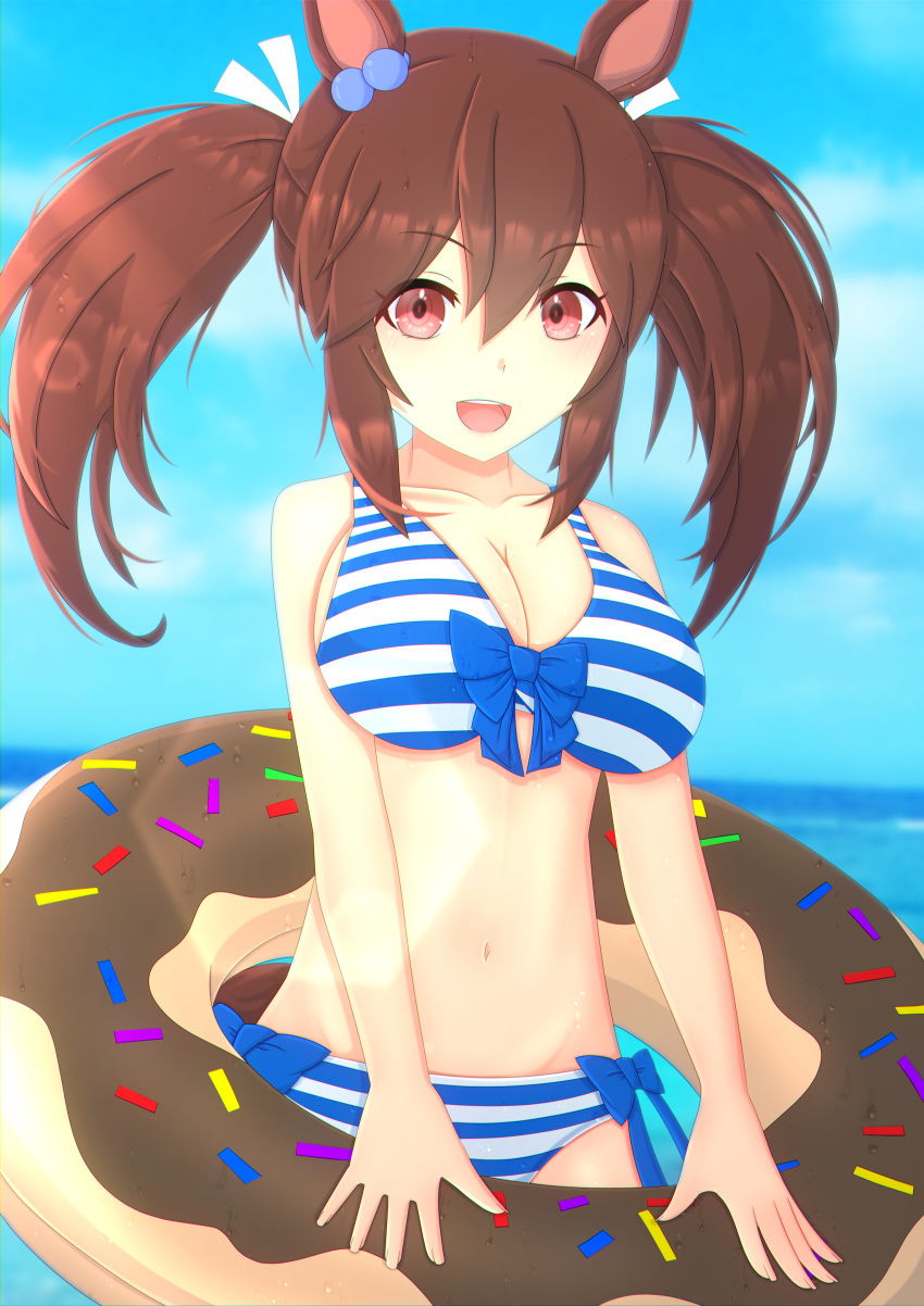 1girl 2-butani absurdres alternate_costume animal_ears beach bikini blue_bikini blue_sky blurry blurry_background breasts brown_hair cleavage commentary_request cowboy_shot doughnut_innertube ear_ornament front-tie_bikini_top front-tie_top hair_between_eyes highres hishi_akebono_(umamusume) horse_ears horse_girl horse_tail innertube large_breasts long_hair looking_at_viewer navel ocean open_mouth outdoors red_eyes side-tie_bikini_bottom sky smile solo stomach striped_bikini striped_clothes swim_ring swimsuit tail twintails umamusume water