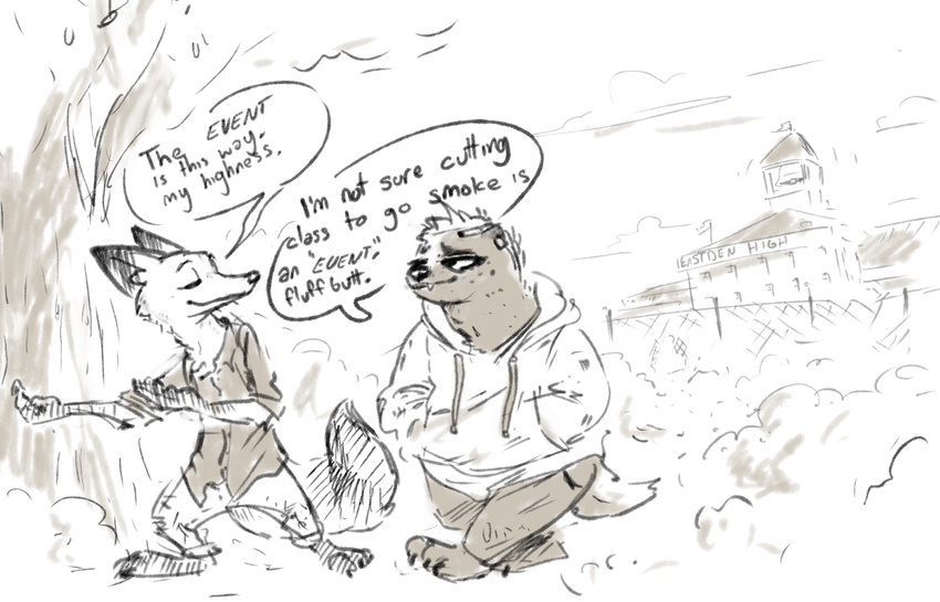 anthro badger black_and_white building canine clothed clothing dialogue disney duo english_text female fox honey_(zootopia) mammal monochrome mustelid nick_wilde nobody_(artist) speech_bubble text zootopia