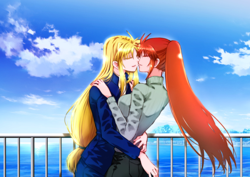 2girls aqua_sweater arms_around_waist blonde_hair blue_jacket blue_sky breasts brown_hair casual closed_eyes eyelashes face-to-face fate_testarossa hands_on_another's_back hands_on_another's_shoulders imminent_kiss jacket jewelry leoheart long_hair long_sleeves lyrical_nanoha multiple_girls ocean railing ring shore sky smile suit suit_jacket sweater takamachi_nanoha turtleneck turtleneck_sweater wife_and_wife yuri