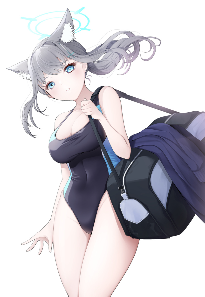 1girl animal_ear_fluff animal_ears bag bare_arms bare_legs bare_shoulders black_one-piece_swimsuit blue_archive blue_eyes blue_halo blush breasts cleavage commentary_request competition_swimsuit cowboy_shot cross_hair_ornament extra_ears grey_hair hair_ornament halo highres koflif looking_at_viewer medium_breasts medium_hair official_alternate_costume one-piece_swimsuit open_mouth shiroko_(blue_archive) shiroko_(swimsuit)_(blue_archive) simple_background solo swimsuit white_background wolf_ears