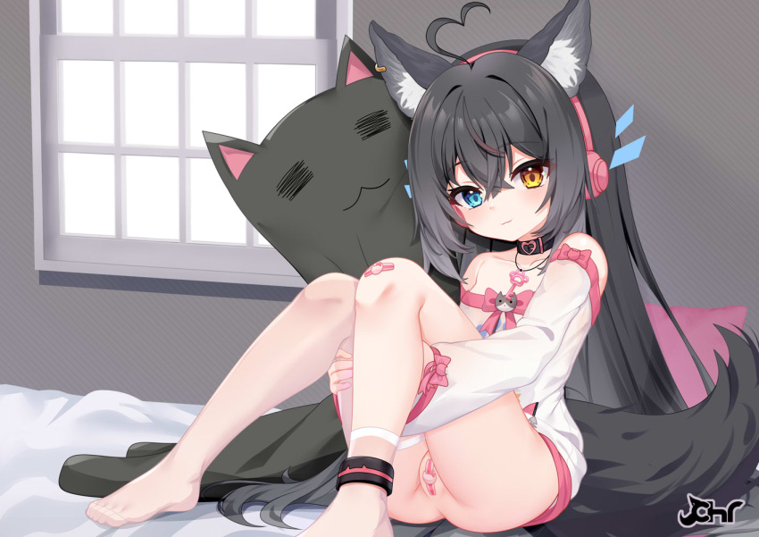 1girl animal_ears bandaid bandaid_on_pussy bare_shoulders black_choker black_hair blue_eyes bottomless choker chrisandita collar commission fox_ears fox_girl fox_tail headphones heterochromia long_hair long_sleeves looking_at_viewer original pixiv_commission see-through see-through_legwear shirt single_thighhigh sitting smile stuffed_animal stuffed_cat stuffed_toy tail thighhighs very_long_hair white_shirt yellow_eyes