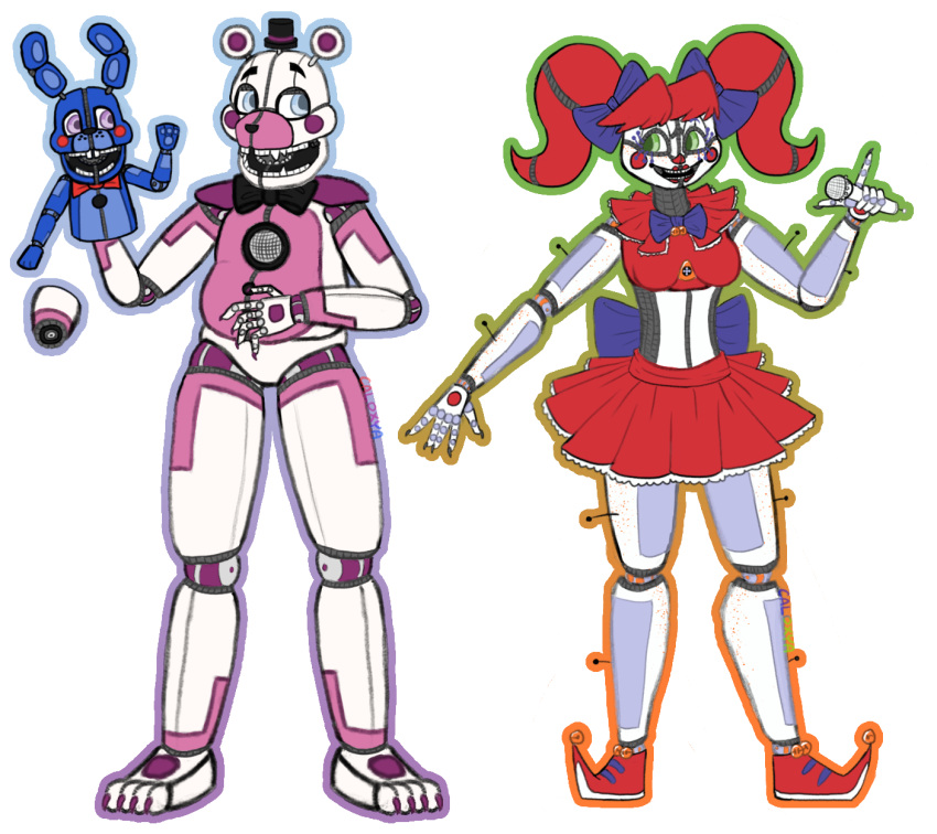 animatronic anthro bear blue_eyes bottomwear caloxya circus_baby_(fnaf) clothing clown dress eye_contact fangs female five_nights_at_freddy's funtime_freddy_(fnafsl) green_eyes group hair hi_res humanoid lagomorph leporid looking_at_another machine makeup male mammal pigtails puppet_bonnie_(fnafsl) purple_eyes rabbit red_clothing red_dress red_hair robot scottgames sister_location skirt teeth trio two_piece