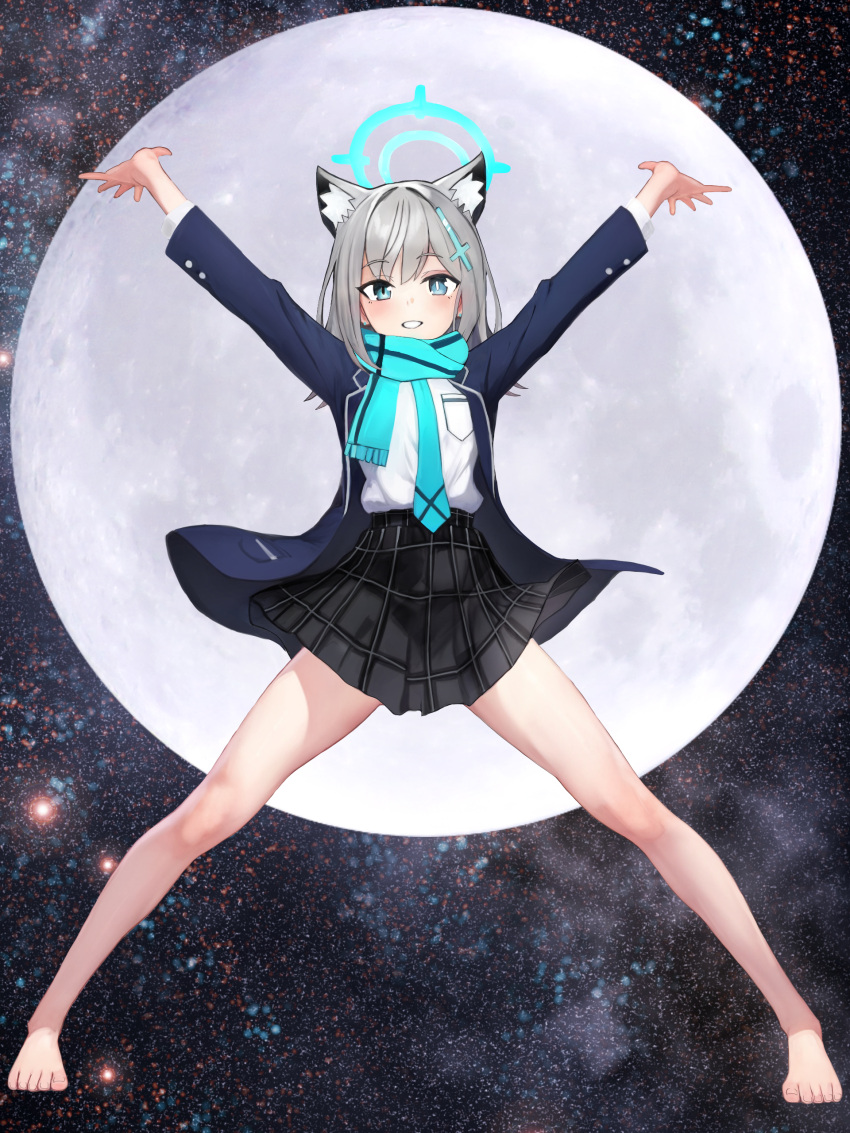 1girl absurdres animal_ear_fluff animal_ears aqua_necktie aqua_scarf arms_up barefoot black_skirt blue_archive blue_halo blue_jacket breast_pocket clip_studio_paint_(medium) commentary_request cross cross_hair_ornament extra_ears feet full_body full_moon grey_hair hair_ornament halo highres inverted_cross jacket legs_apart long_hair long_sleeves mismatched_pupils momisan moon necktie outstretched_arms parted_lips plaid plaid_skirt pleated_skirt pocket scarf shiroko_(blue_archive) shirt skirt sky solo spread_arms star_(sky) starry_sky straight-on toes variant_set white_shirt wolf_ears