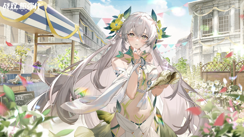 1girl armlet blue_sky blush breasts building cloud copyright_name day dream_catcher flower grey_eyes hair_between_eyes hair_ornament highres holding jewelry lamia_(punishing:_gray_raven) leaf_hair_ornament logo long_hair navel official_alternate_costume official_art pointy_ears punishing:_gray_raven second-party_source sky solo tattoo white_flower white_hair yellow_flower