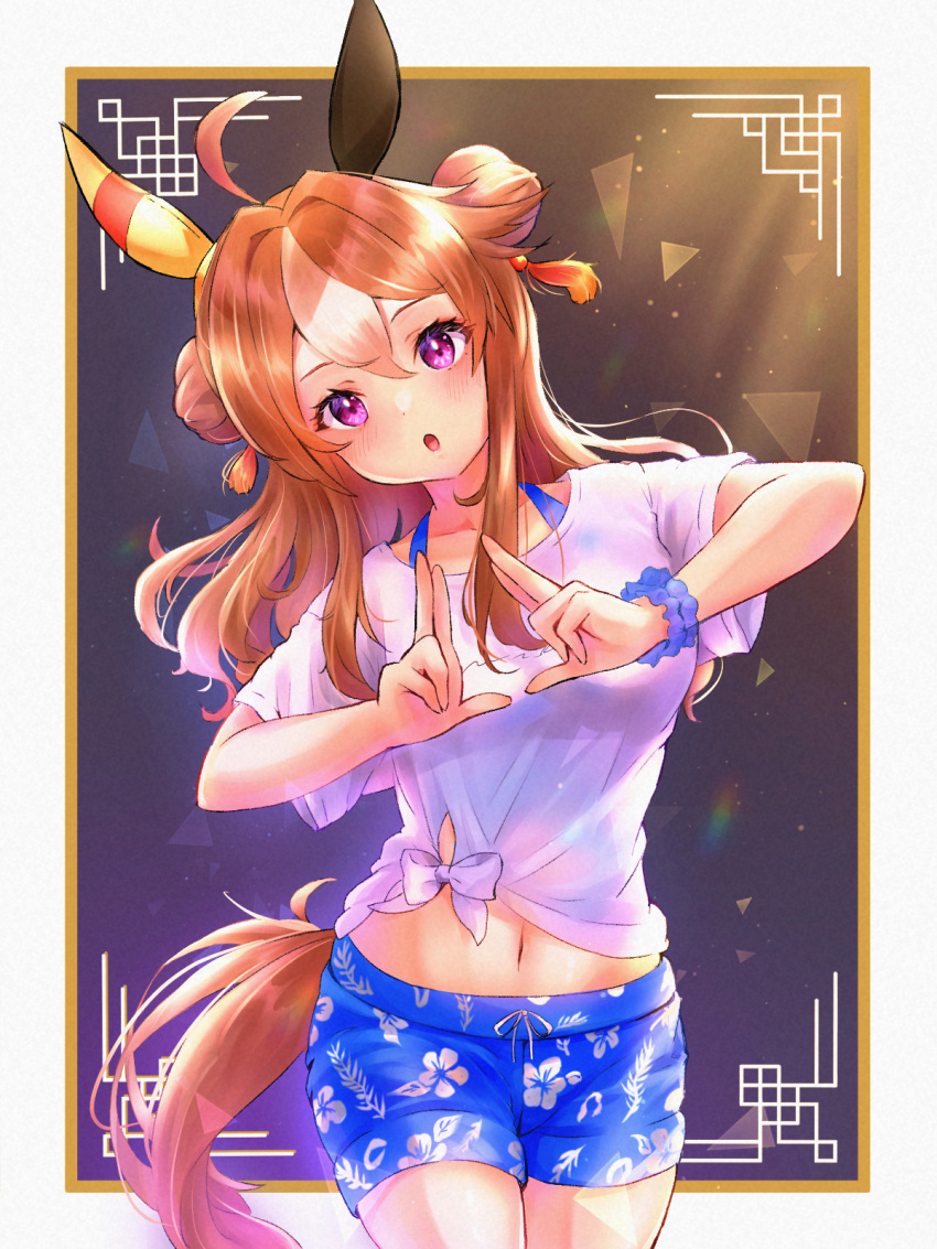 1girl :o ahoge animal_ears bandaid bandaid_on_face blush breasts brown_hair commentary_request copano_rickey_(umamusume) cowboy_shot double_bun gaze_on_me!_outfit_(umamusume) hair_bun hair_ornament hands_up head_tilt highres horse_ears horse_girl horse_tail long_hair male_swimwear medium_breasts midriff navel peteron purple_eyes scrunchie shirt short_sleeves solo swim_trunks tail tassel tassel_hair_ornament tied_shirt umamusume white_shirt wrist_scrunchie