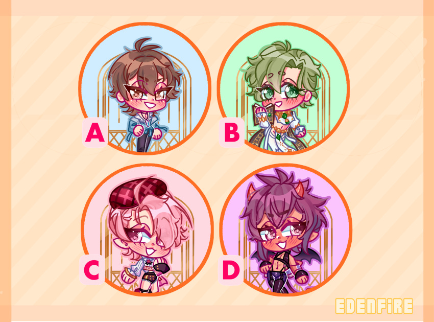 2_horns ambiguous_gender aster_(nu:_carnival) bangs beret blush blush_lines bottomwear brown_hair chibi clothing demon demon_humanoid edenfire eiden_(nu:_carnival) green_hair hair hat headgear headwear hi_res horn horned_humanoid human humanoid humanoid_pointy_ears male_(lore) mammal membrane_(anatomy) membranous_wings morvay_(nu:_carnival) not_furry nu:_carnival olivine_(nu:_carnival) pale_skin pants pink_hair purple_hair smile solo tail tailed_humanoid tan_body tan_skin vampire winged_humanoid wings