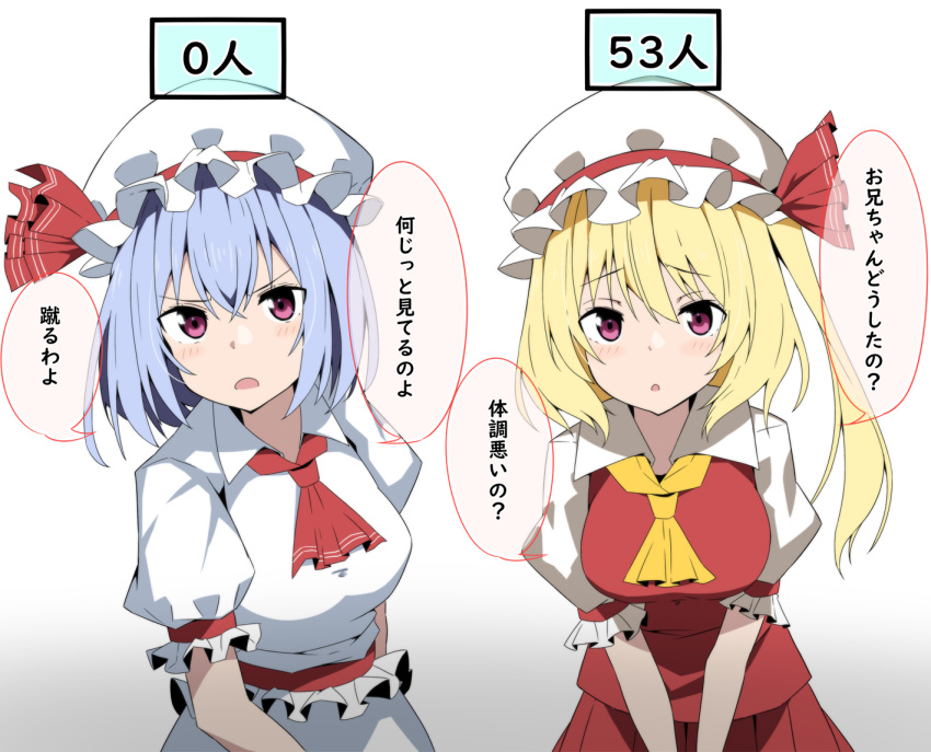 2girls ascot blonde_hair blue_hair blush commentary_request flandre_scarlet hat hat_ribbon looking_at_viewer mob_cap multiple_girls no_wings one_side_up open_mouth puffy_short_sleeves puffy_sleeves red_ascot red_eyes red_skirt red_vest remilia_scarlet ribbon short_sleeves siblings side_ponytail sisters skirt skirt_set speech_bubble touhou to~fuya translation_request vest white_headwear yellow_ascot