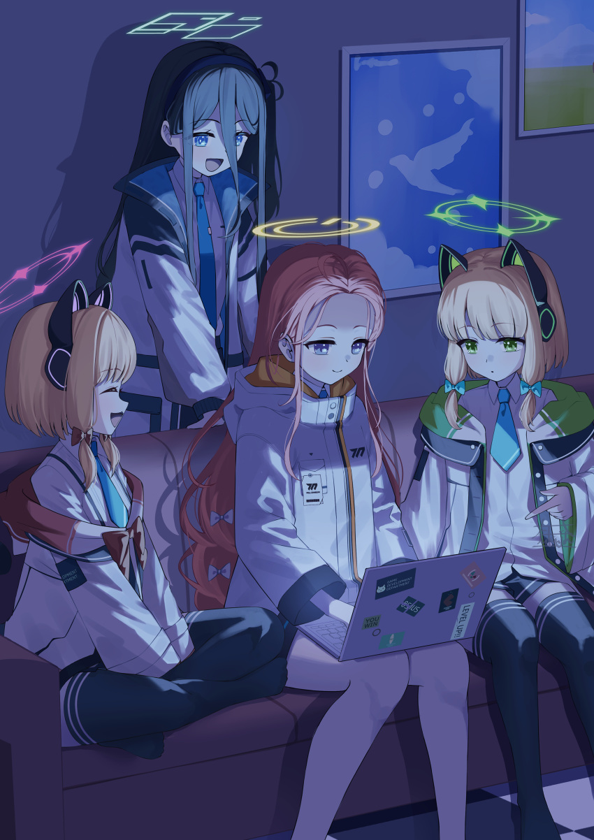 4girls absurdly_long_hair absurdres animal_ear_headphones animal_ears aris_(blue_archive) black_hair black_hairband black_shorts black_skirt black_thighhighs blonde_hair blue_archive blue_bow blue_eyes blue_necktie bow checkered_floor closed_eyes closed_mouth collared_shirt computer fake_animal_ears fukujin game_development_department_(blue_archive) green_eyes green_halo hair_bow hairband halo headphones highres indian_style indoors jacket laptop long_hair long_sleeves midori_(blue_archive) momoi_(blue_archive) multiple_girls necktie one_side_up open_clothes open_jacket open_mouth pink_halo pleated_skirt red_bow red_hair shirt short_hair shorts siblings sisters sitting skirt smile thighhighs twins very_long_hair white_jacket white_shirt yellow_halo yuzu_(blue_archive)