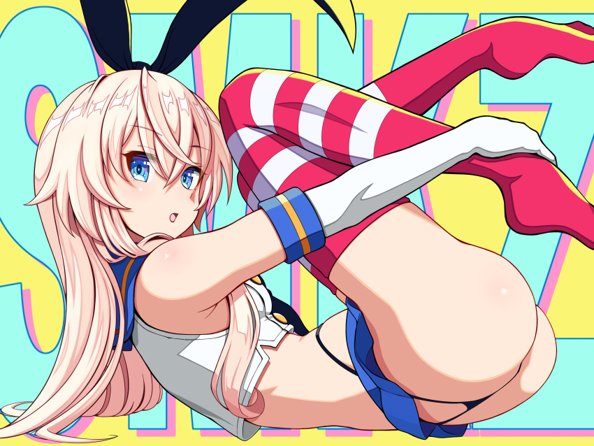 1girl absurdres ass black_neckerchief black_panties blonde_hair elbow_gloves gloves hairband highleg highleg_panties highres kantai_collection long_hair looking_at_viewer microskirt neckerchief open_mouth panties sailor_collar school_uniform serafuku shimakaze_(kancolle) skirt solo striped_clothes striped_thighhighs thighhighs thong tussy underwear white_gloves