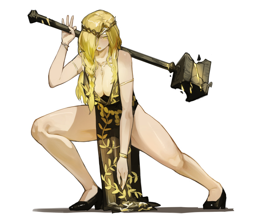 1girl absurdres armlet bare_shoulders black_dress black_footwear blonde_hair bracelet braid breasts chinese_commentary circlet cleavage commentary_request crown dress elden_ring full_body gold_belt gold_bracelet gold_circlet gold_crown gold_diadem hair_over_one_eye hammer high_heels highres holding holding_hammer jewelry large_breasts long_hair looking_at_viewer metal_belt miao_jiangyou necklace one_eye_covered open_mouth queen_marika_the_eternal robe side_split simple_background sleeveless solo white_background yellow_eyes