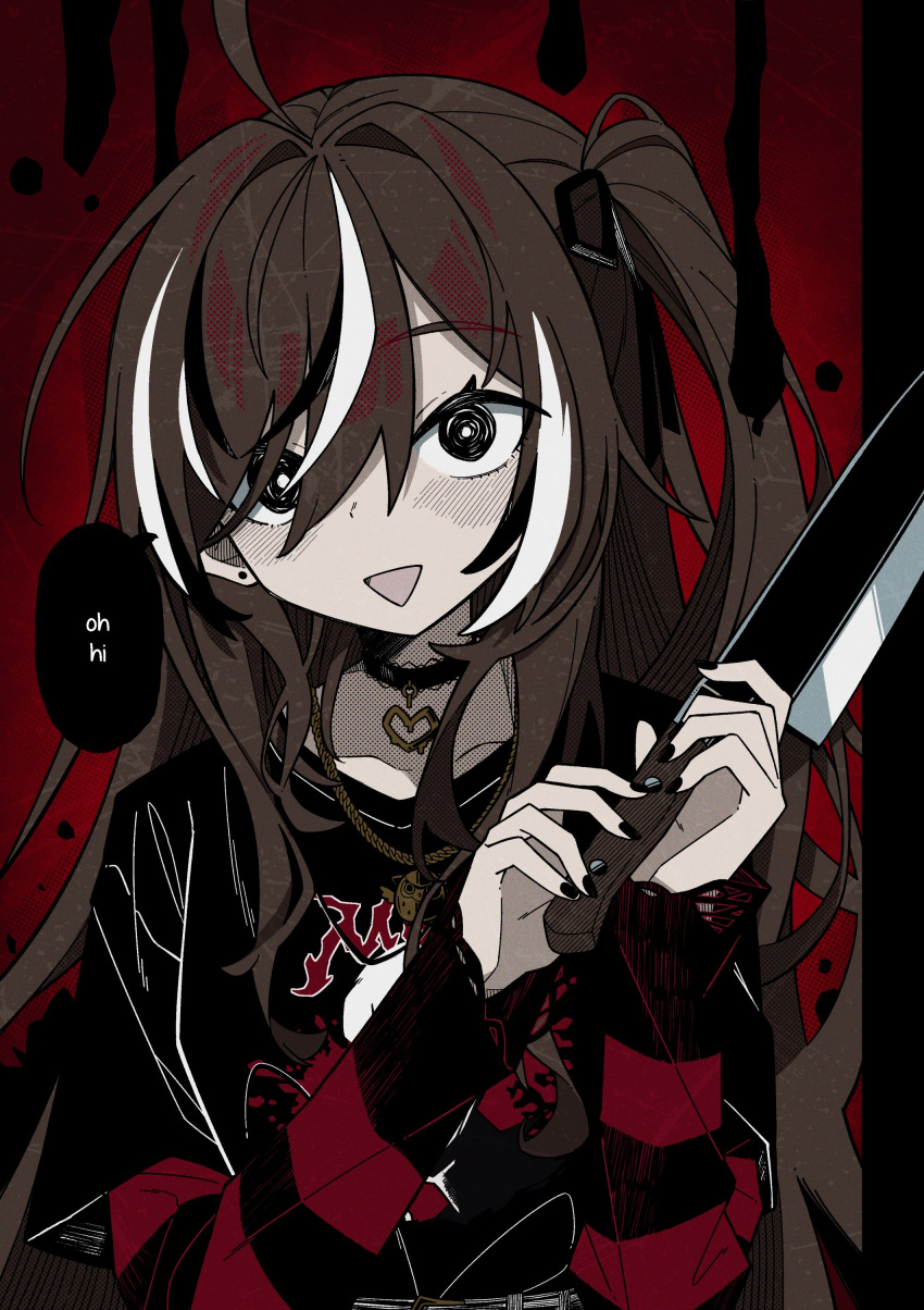 1girl absurdres ahoge black_eyes black_nails black_shirt black_sweater blood blood_trail brown_hair choker emo_fashion english_text hair_over_one_eye heart heart_choker highres holding holding_knife hololive hololive_english huge_ahoge kitchen_knife knife lace-trimmed_choker lace_trim looking_at_viewer multicolored_hair nanashi_mumei nanashi_mumei_(4th_costume) official_alternate_costume official_alternate_hairstyle one_side_up red_background red_sweater shirt speech_bubble splatter_background squiggle_eyes streaked_hair striped_clothes striped_sweater sweater sweater_under_shirt t-shirt torn_clothes torn_sweater triangle_mouth two-tone_sweater umiikuru virtual_youtuber