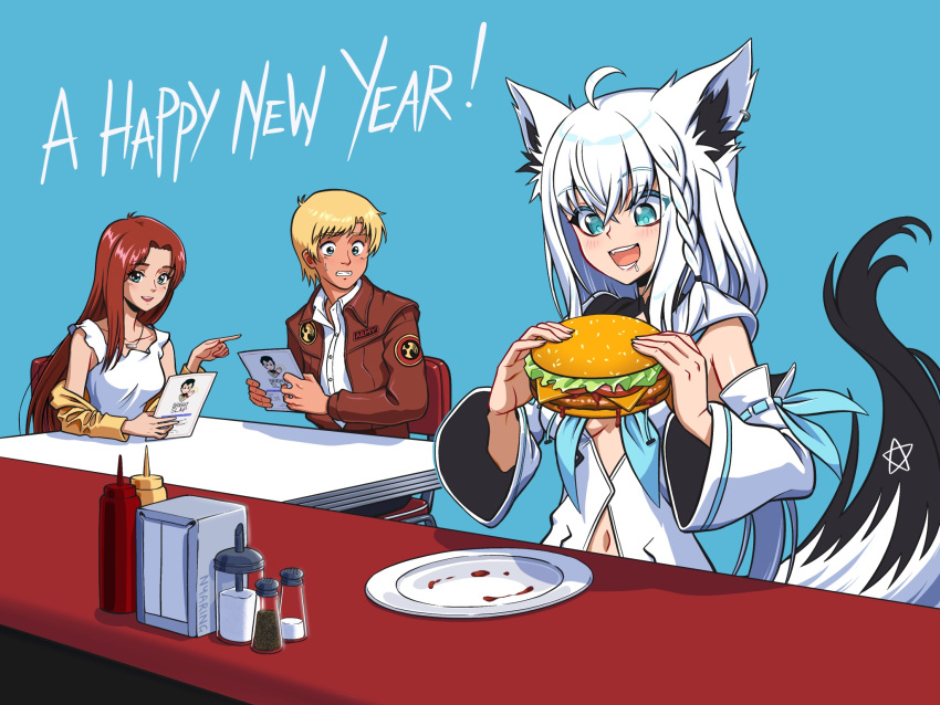 1boy 2girls ahoge animal_ear_fluff animal_ears blonde_hair blue_eyes blue_neckerchief blush braid breasts burger character_request cheese copyright_request counter detached_sleeves diner drooling earrings fast_food food fox_ears fox_girl fox_tail front_slit hair_between_eyes highres holding holding_food hololive hood hoodie jewelry ketchup ketchup_bottle lettuce long_hair meat mouth_drool multiple_girls mustard_bottle napkin napkin_holder neckerchief nyaring943 open_mouth pentagram pepper_shaker pointing pointing_at_another red_hair restaurant saliva salt salt_shaker sesame_seeds shirakami_fubuki shirakami_fubuki_(1st_costume) side_braid sidelocks simple_background single_braid smile tail tomato tomato_slice virtual_youtuber white_hair white_hoodie