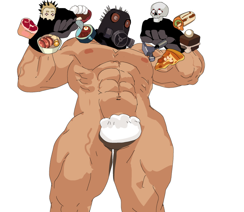 1boy abs animal_head bamashengze bara caiman_(dorohedoro) carrying_over_shoulder character_request completely_nude convenient_censoring dorohedoro dumpling feet_out_of_frame food gas_mask green_scales highres jiaozi large_pectorals looking_at_viewer male_focus mask meat muscular muscular_male navel nipples nude pectorals reptile_boy risu_(dorohedoro) solo_focus standing stomach strongman_waist thick_thighs thighs