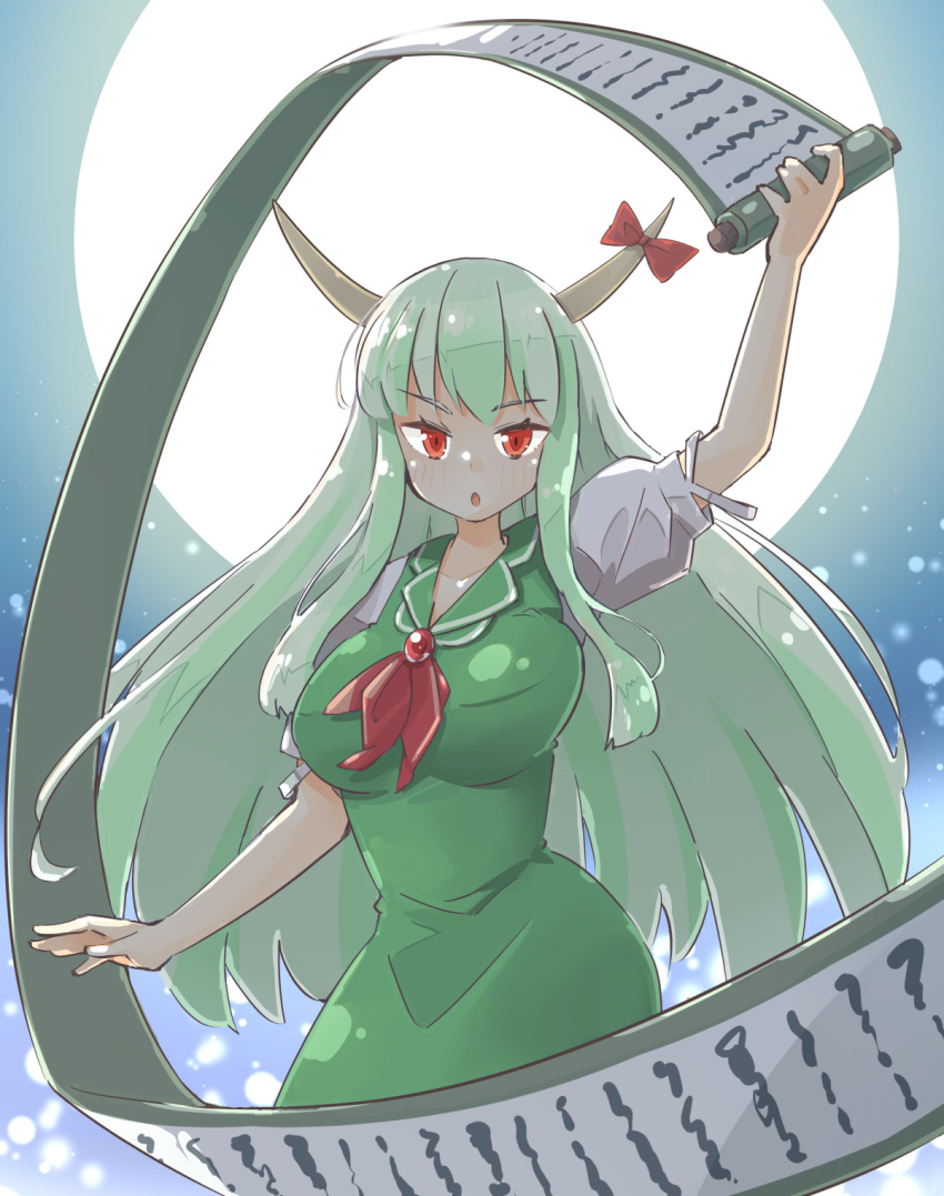 1girl arm_up arnest ascot bow breasts dress ex-keine full_moon green_dress green_hair highres holding holding_scroll horn_bow horn_ornament horns kamishirasawa_keine long_hair looking_at_viewer moon open_mouth red_ascot red_bow red_eyes scroll shirt short_sleeves solo touhou white_shirt