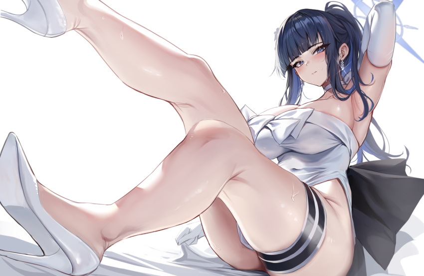 1girl arm_up armpits ass black_hair blue_archive blue_eyes blue_hair blue_halo blush breasts closed_mouth colored_inner_hair dress earrings elbow_gloves gloves halo high_heels highres jewelry large_breasts legs long_hair looking_at_viewer multicolored_hair official_alternate_costume saori_(blue_archive) saori_(dress)_(blue_archive) simple_background solo stone_(ksorede) strapless strapless_dress white_background white_dress white_footwear white_gloves