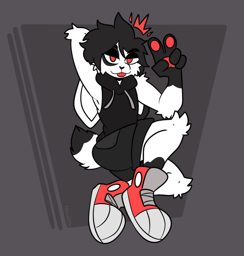 absurd_res anthro arm_tuft black_hair black_markings blep bottomwear cheek_tuft clothing ears_down elbow_tuft facial_tuft footwear fur gesture grey_background hair half-closed_eyes hand_gesture hi_res high_top_sneakers knee_tuft lagomorph leg_tuft leporid male mammal markings multicolored_body multicolored_fur narrowed_eyes pawpads paws pivoted_ears rabbit red_pawpads shoes shorts simple_background sleeveless_hoodie smile sneakers solo tongue tongue_out tuft two_tone_body two_tone_fur v_sign white_body white_fur xing1