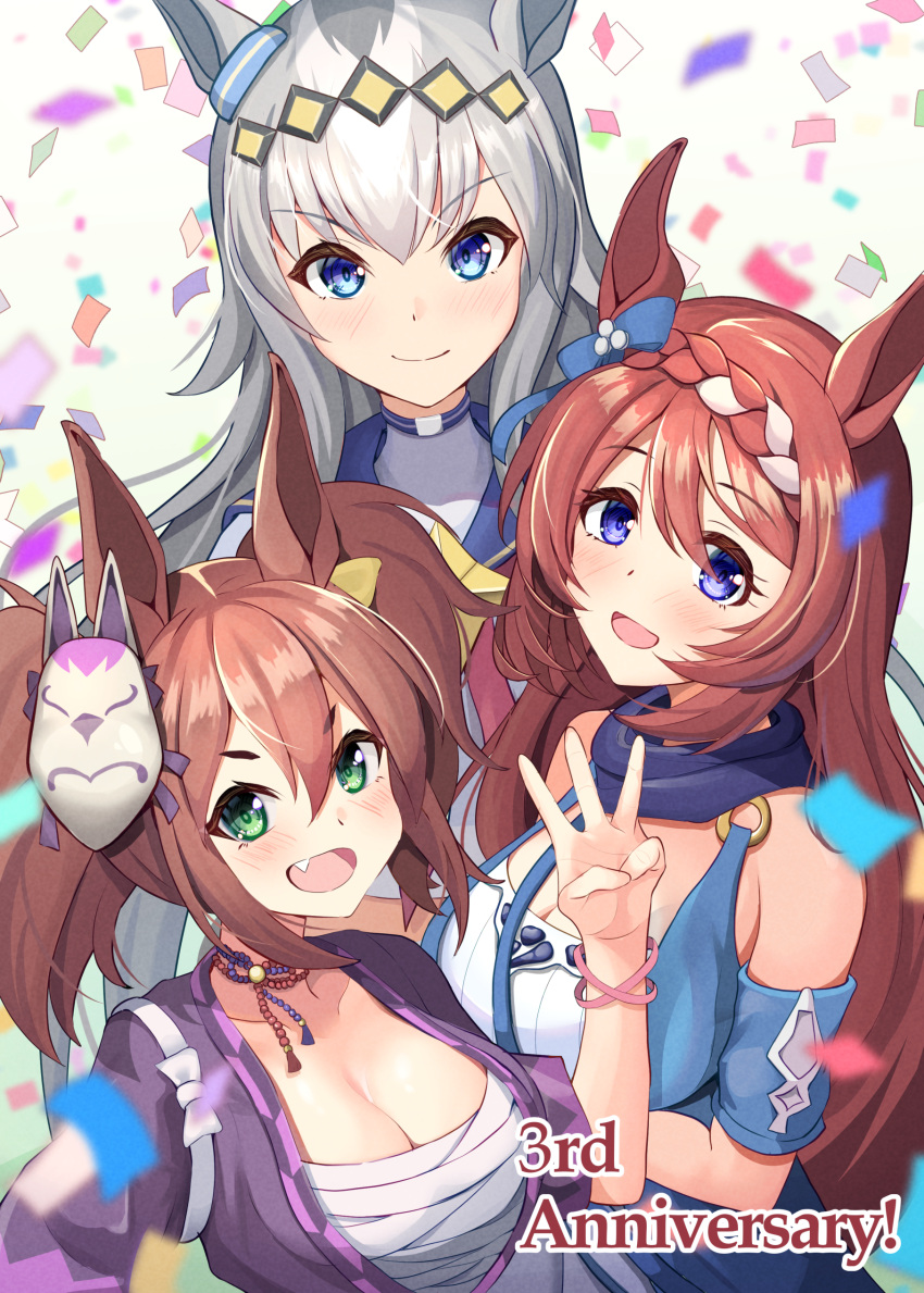 3girls absurdres ahoge animal_ears bare_shoulders blue_bow blue_eyes blue_jacket blue_scarf blush bow braid braided_ponytail chest_sarashi choker commentary_request ear_bow ear_ornament fox_mask green_eyes grey_hair hair_between_eyes hair_ornament happy_anniversary highres horse_ears horse_girl inari_one_(umamusume) jacket japanese_clothes kimono long_hair looking_at_viewer mask multicolored_hair multiple_girls neckerchief oguri_cap_(umamusume) open_mouth purple_kimono red_neckerchief sailor_collar sarashi scarf shuten_(shutehaan) simple_background smile streaked_hair super_creek_(umamusume) thick_eyebrows twintails umamusume v-shaped_eyebrows w white_background white_hair