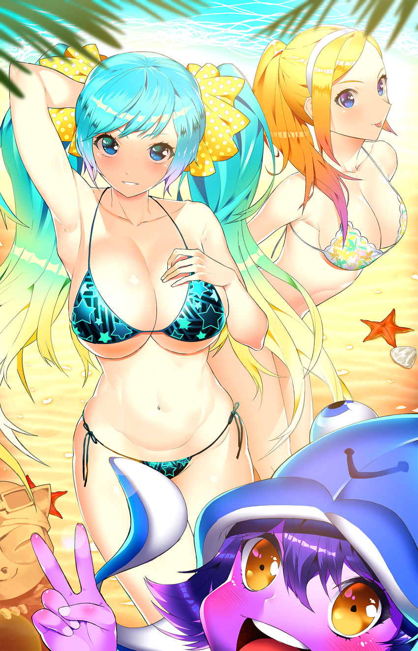 :d alternate_costume aqua_hair arm_up armpits beach bikini blonde_hair blue_eyes bow breasts cleavage day ddoalo hair_bow hairband hand_behind_head highres large_breasts league_of_legends looking_at_viewer lulu_(league_of_legends) luxanna_crownguard medium_breasts multiple_girls navel open_mouth outdoors photobomb polka_dot polka_dot_bow ponytail pool_party_lulu purple_skin sand sand_sculpture seashell shell side-tie_bikini smile sona_buvelle star star_print starfish swimsuit teemo tongue tongue_out twintails v yordle