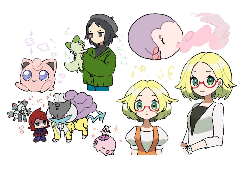 1girl 2boys beret bianca_(pokemon) black_hair black_shirt blonde_hair cardigan cheren_(pokemon) chibi closed_mouth cowlick earrings eneko_(olavcnkrpucl16a) eyelashes glasses green_cardigan green_eyes hat heart holding holding_pokemon igglybuff jewelry jigglypuff magneton multiple_boys multiple_views munna musharna orange_vest pokemon pokemon_(creature) pokemon_bw2 pokemon_hgss raikou red-framed_eyewear red_hair semi-rimless_eyewear shirt silver_(pokemon) sparkle sprigatito vest white_background