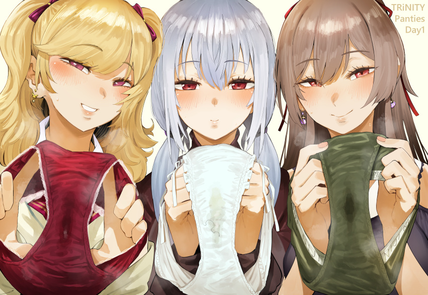 3girls absurdres blonde_hair blush brown_hair earrings furen_e_lustario green_panties hakase_fuyuki hero_neisan highres holding holding_clothes holding_panties holding_underwear jewelry looking_at_viewer multiple_girls nijisanji panties parted_lips presenting_removed_panties red_eyes red_panties simple_background smile stained_panties takamiya_rion trinity_(nijisanji) twintails underwear upper_body virtual_youtuber white_background white_hair white_panties