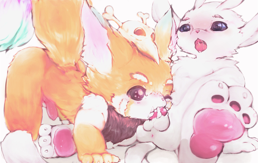 big_ears black_eyes blush claws cub cum cupckpo drooling fellatio fur gnar_(lol) league_of_legends male male/male open_mouth oral orange_fur ori pawpads penis riot_games saliva sex skull video_games white_fur yordle young