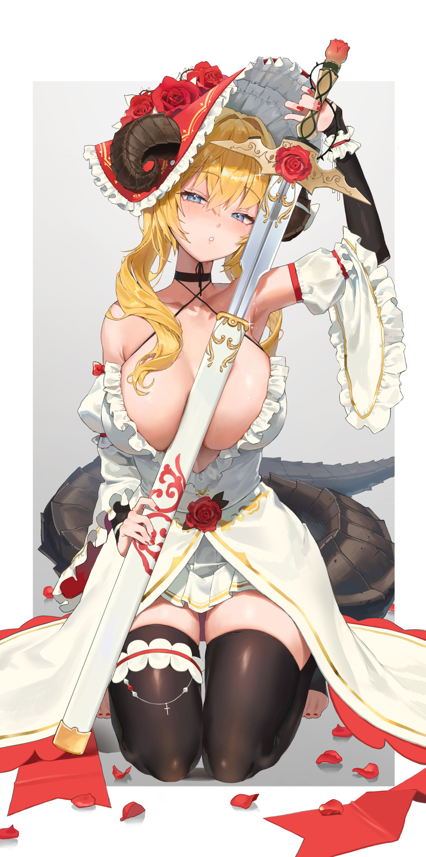 1girl absurdres arm_up armpits bare_shoulders between_breasts black_choker black_thighhighs blonde_hair blue_eyes bodiedwile breasts choker cleavage commission criss-cross_halter curled_horns detached_sleeves dress fedora frilled_dress frilled_sleeves frills halterneck hat highres holding holding_sword holding_weapon horns horns_through_headwear kneeling large_breasts long_hair long_sleeves looking_at_viewer miniskirt nail_polish original parted_lips pleated_skirt sheath skindentation skirt solo spaghetti_strap sword tail thighhighs toeless_legwear toenail_polish toenails twintails unsheathing weapon white_dress white_skirt wide_sleeves zettai_ryouiki