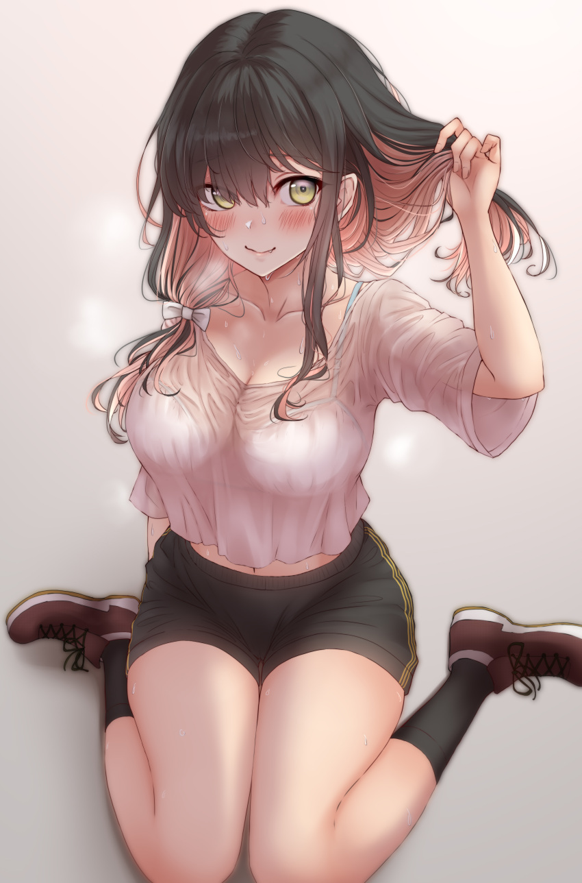 1girl absurdres black_hair black_shorts black_socks blush bra breasts brown_footwear cleavage closed_mouth collarbone colored_inner_hair fang hair_between_eyes highres kantai_collection large_breasts long_hair looking_at_viewer multicolored_hair naganami_(kancolle) nuka_(nvkka) pink_hair shirt shoes short_sleeves shorts sitting smile socks solo sweat underwear wariza white_bra white_shirt yellow_eyes