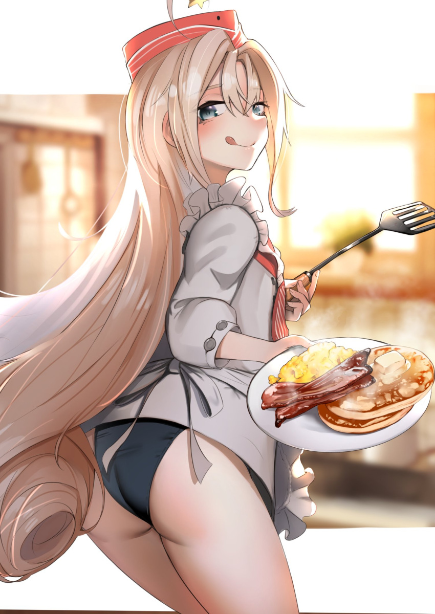 1girl :q apron ass bacon blue_eyes blurry blurry_background blush drum_(kancolle) egg_(food) food frilled_apron frills hair_between_eyes hat highres holding indoors kabayaki_namazu kantai_collection kitchen long_hair looking_at_viewer looking_back one-piece_swimsuit pancake pink_hair plate red_hat scrambled_egg solo steam swimsuit swimsuit_under_clothes tongue tongue_out very_long_hair white_apron