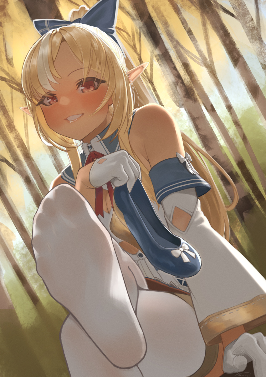 1girl absurdres aiharararara armpit_crease bare_shoulders blonde_hair blue_bow blush bow dark-skinned_female dark_skin dress elf feet foot_focus gloves hair_bow highres holding holding_clothes holding_footwear hololive long_hair long_sleeves looking_at_viewer multicolored_hair no_shoes outdoors pantyhose pointy_ears ponytail red_eyes shiranui_flare sitting sleeveless sleeveless_dress soles solo thighhighs tree two-tone_hair virtual_youtuber white_gloves white_pantyhose white_thighhighs