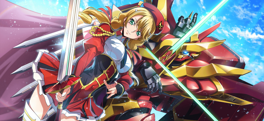 1girl arm_blade artist_request beret black_necktie blonde_hair blue_eyes blue_sky boots breasts brooch cape closed_mouth cloud code_geass code_geass:_lost_stories code_geass:_soubou_no_oz corset covered_navel day drill_hair dutch_angle eye_trail game_cg glint gold_trim green_eyes hair_ornament hair_ribbon hairclip happy hat high-waist_skirt highres holding holding_sword holding_weapon jewelry juliet_sleeves lancelot_(code_geass) lancelot_grail light_particles light_trail long_hair long_sleeves looking_at_viewer mecha medium_breasts military_uniform miniskirt mole mole_under_eye necktie non-web_source official_art oldrin_zevon outdoors pink_gemstone pleated_skirt puffy_sleeves purple_cape red_hat red_ribbon red_skirt ribbon robot shirt shrug_(clothing) sidelocks skirt sky smile solo standing swept_bangs sword thigh_boots thighhighs twin_drills twintails uniform weapon white_footwear white_shirt zettai_ryouiki