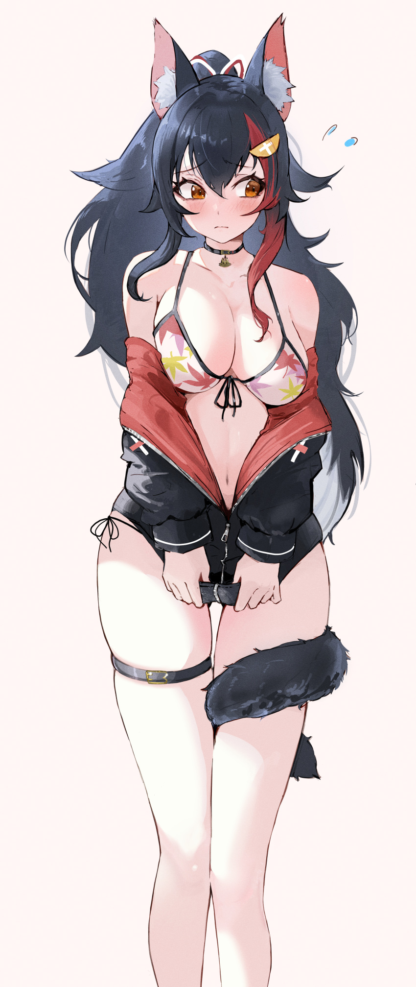 1girl absurdres animal_ears bare_shoulders bikini black_hair black_jacket blush breasts cleavage closed_mouth clothes_pull commentary_request highres hololive jacket large_breasts looking_to_the_side menomeno_draw multicolored_bikini multicolored_clothes multicolored_hair off_shoulder official_alternate_costume ookami_mio ookami_mio_(hololive_summer_2019) partially_unzipped pulled_by_self red_hair simple_background solo standing streaked_hair swimsuit tail tail_around_own_leg thigh_strap thighs virtual_youtuber white_background wolf_ears wolf_girl wolf_tail