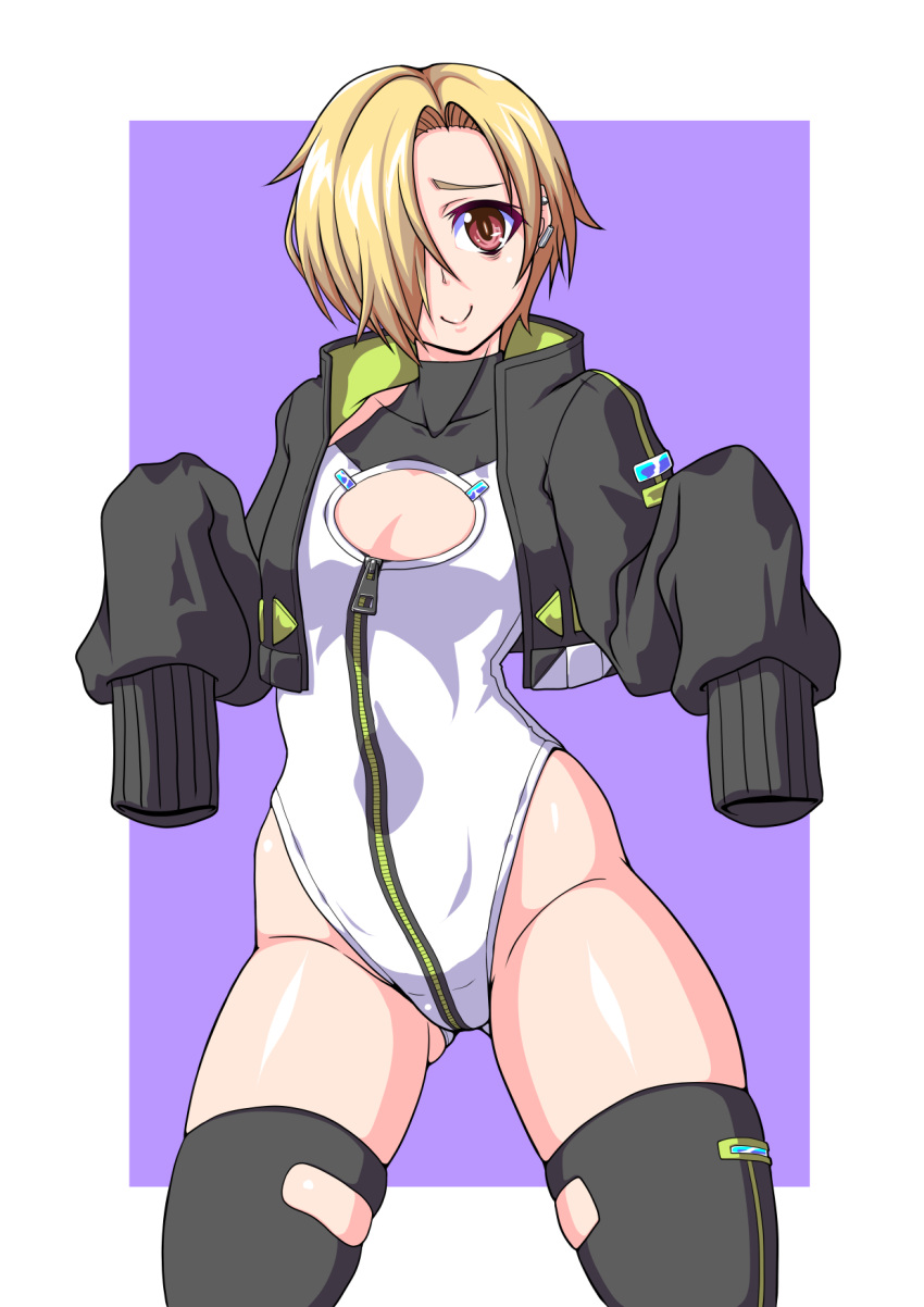 1girl alice_gear_aegis bags_under_eyes black_jacket black_thighhighs blonde_hair brown_eyes circle_cutout cleavage_cutout clothing_cutout companion/af covered_collarbone cowboy_shot ear_piercing flat_chest front_zipper fujita_shuu full-length_zipper hair_over_one_eye highleg highleg_leotard highres idolmaster idolmaster_cinderella_girls jacket leotard piercing purple_background race_queen shirasaka_koume short_hair sleeveless_turtleneck_leotard sleeves_past_fingers sleeves_past_wrists smile solo standing thighhighs turtleneck_leotard two-tone_background two-tone_leotard white_leotard zipper zipper_leotard zipper_pull_tab