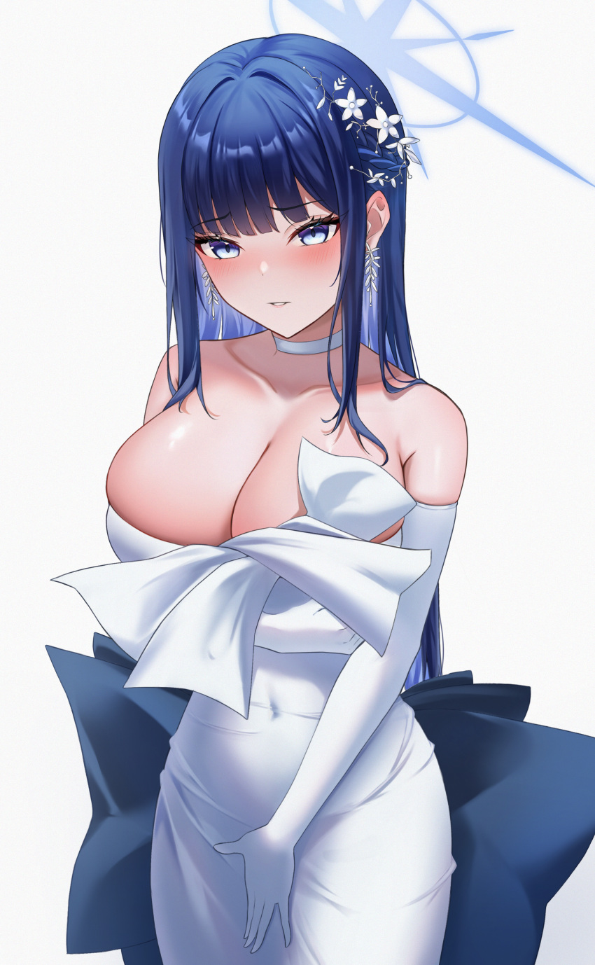 1girl absurdres blue_archive blue_halo breasts choker colored_inner_hair dress elbow_gloves gloves halo highres multicolored_hair nekoya_mitu official_alternate_costume saori_(blue_archive) saori_(dress)_(blue_archive) simple_background solo strapless strapless_dress white_background white_choker white_dress white_gloves